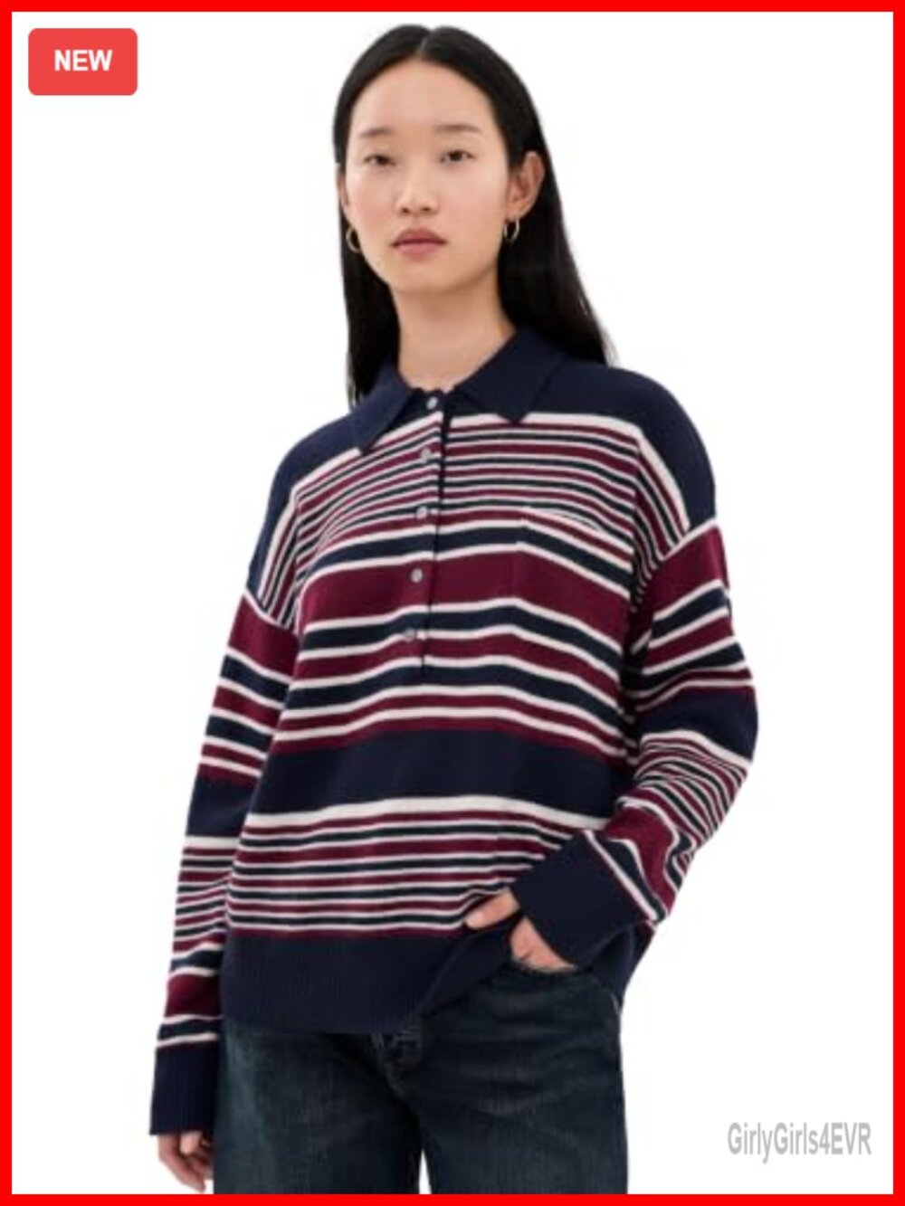 Oversized Rugby Sweater Pullover Collared Stripe Loose Fit Women's